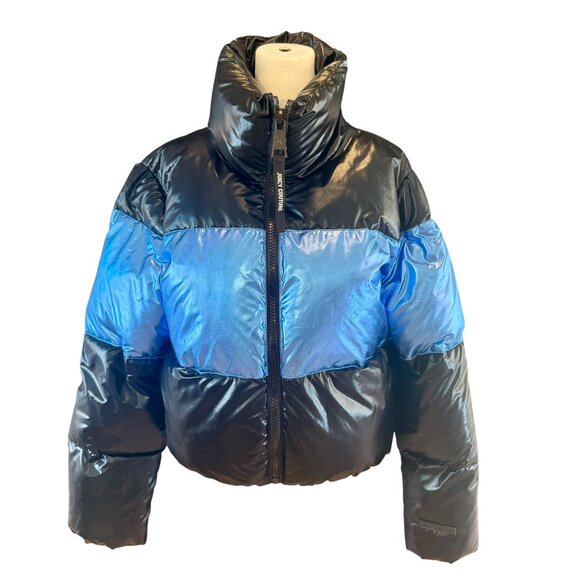 Juicy Couture Black Label Metallic Blue & Black Puffer Jacket Size M - Picture 1 of 9
